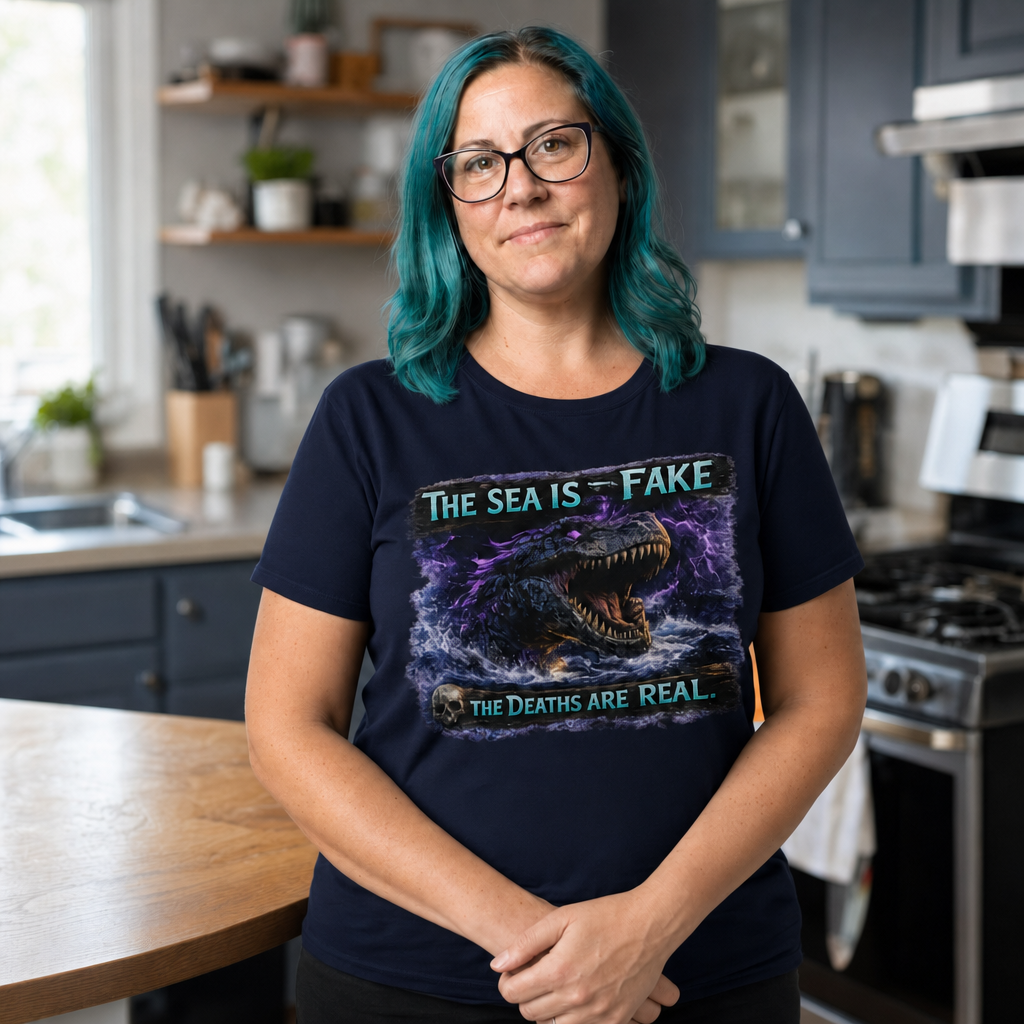 The Sea Is Fake T-Shirt — Quietly Ascended — AI-generated lifestyle photo (navy__jess)