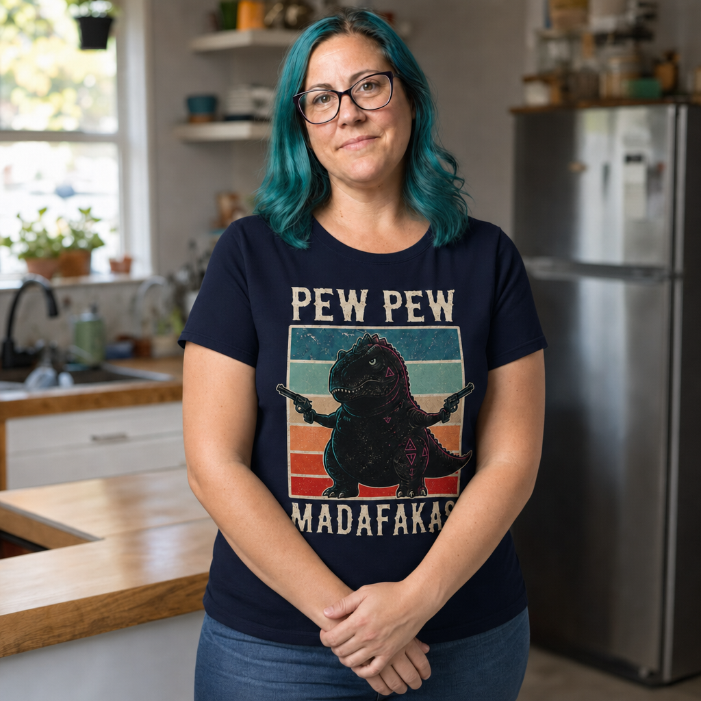 Pew Pew Madness T-Shirt — Quietly Ascended — AI-generated lifestyle photo (navy__jess)