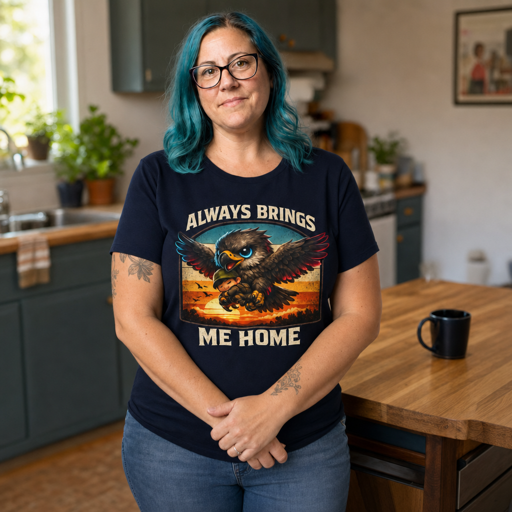 Always Brings Me Home T-Shirt — Quietly Ascended — AI-generated lifestyle photo (navy__jess)