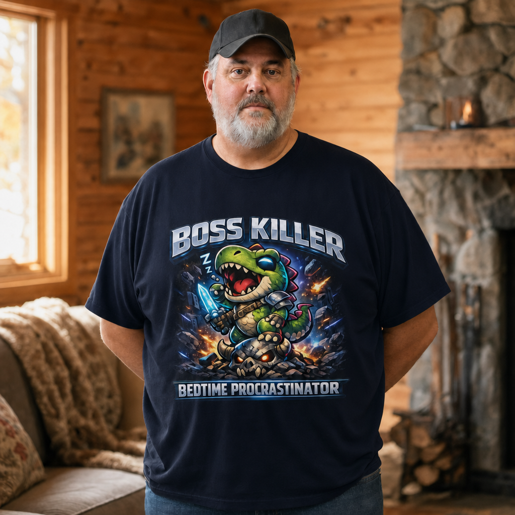 Boss Killer, Bedtime Procrastinator T-Shirt — Alt Print — Quietly Ascended — AI-generated lifestyle photo (navy__mac)
