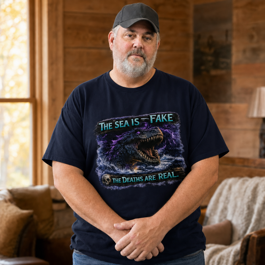 The Sea Is Fake T-Shirt — Quietly Ascended — AI-generated lifestyle photo (navy__mac)
