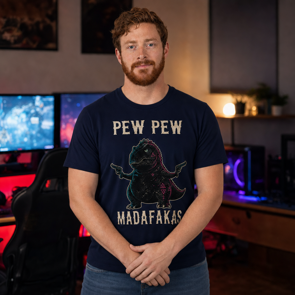Pew Pew Madness T-Shirt — Quietly Ascended — AI-generated lifestyle photo (navy__ryan)