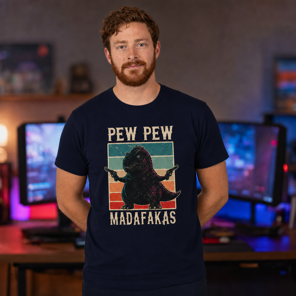 Pew Pew Madness T-Shirt — Alt Print — Quietly Ascended — AI-generated lifestyle photo (navy__ryan)