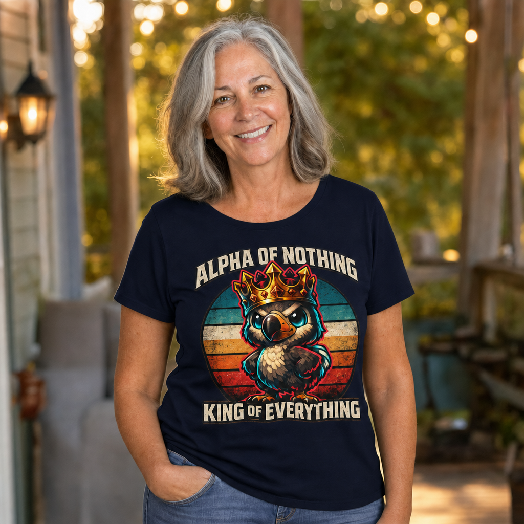 Alpha of Nothing, King of Everything T-Shirt — Quietly Ascended — AI-generated lifestyle photo (navy__sam)