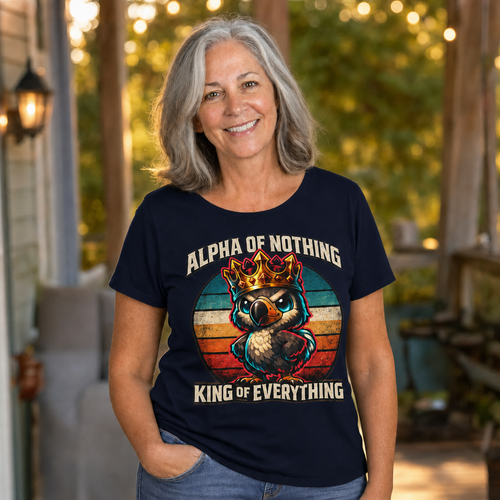 Alpha of Nothing, King of Everything T-Shirt — Quietly Ascended — AI-generated lifestyle photo (navy__sam)