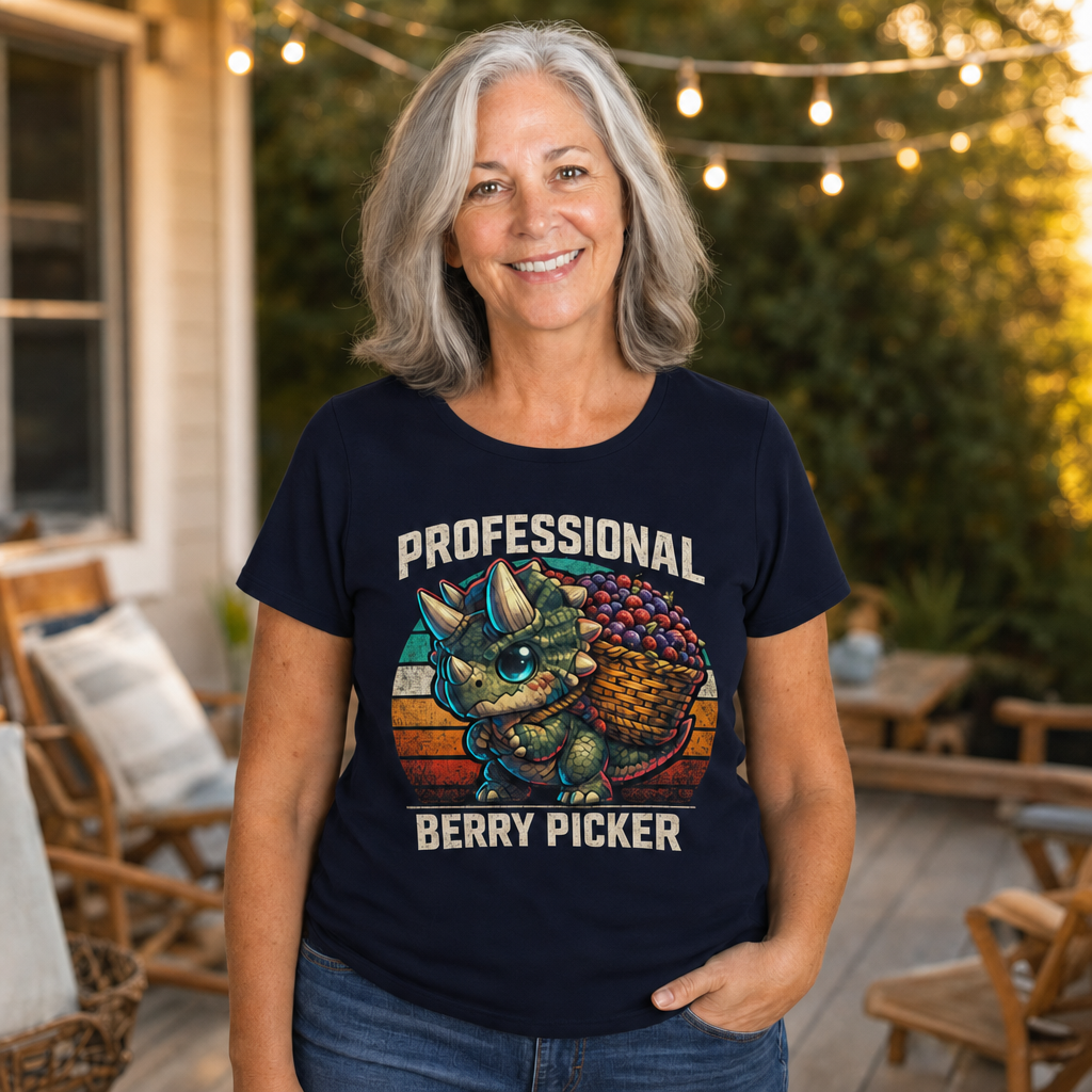 Professional Berry Picker T-Shirt — Quietly Ascended — AI-generated lifestyle photo (navy__sam)
