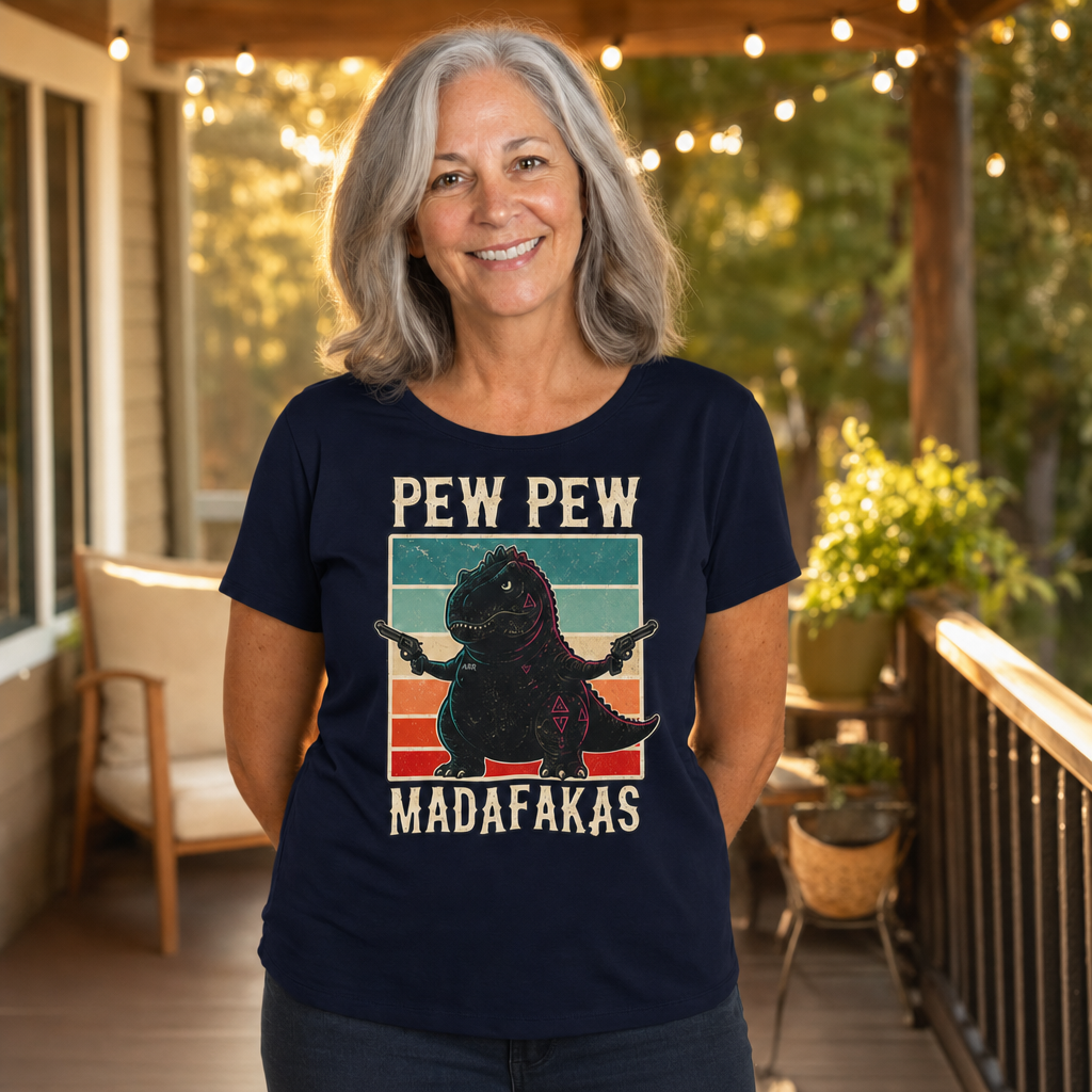 Pew Pew Madness T-Shirt — Alt Print — Quietly Ascended — AI-generated lifestyle photo (navy__sam)