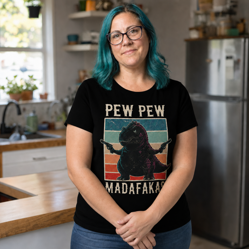 Pew Pew Madness T-Shirt — Quietly Ascended — AI-generated lifestyle photo (solid black blend__jess)