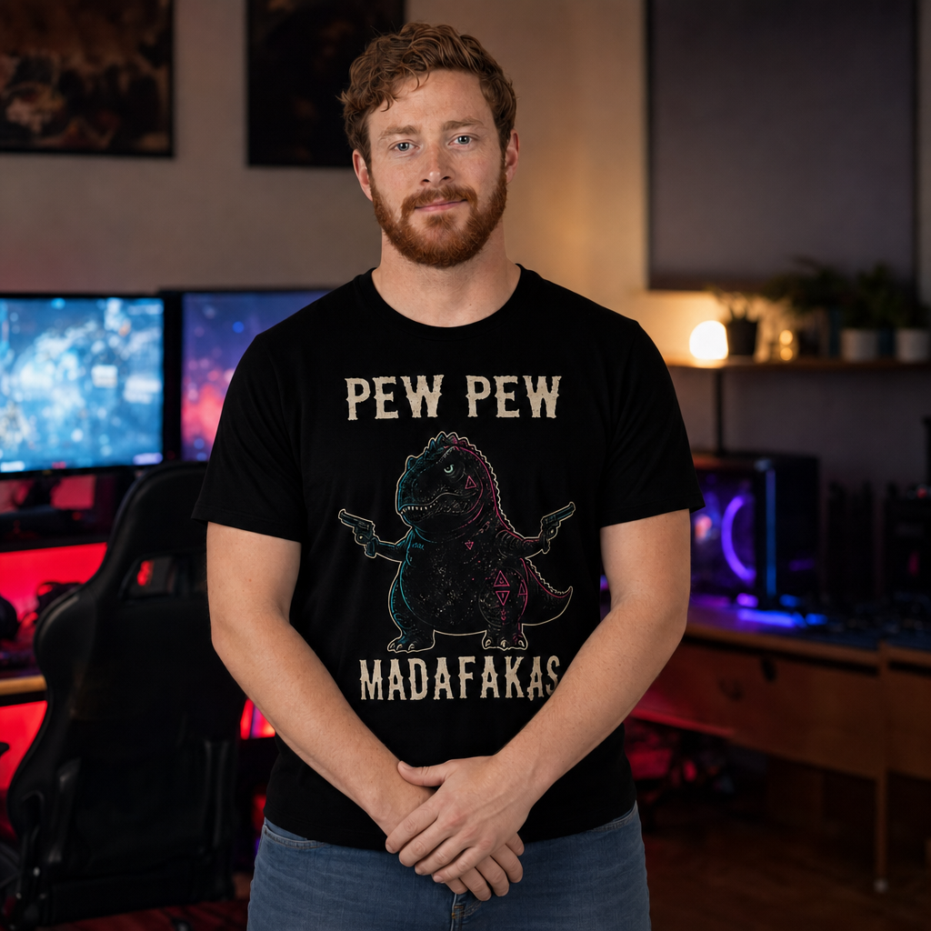 Pew Pew Madness T-Shirt — Quietly Ascended — AI-generated lifestyle photo (solid black blend__ryan)
