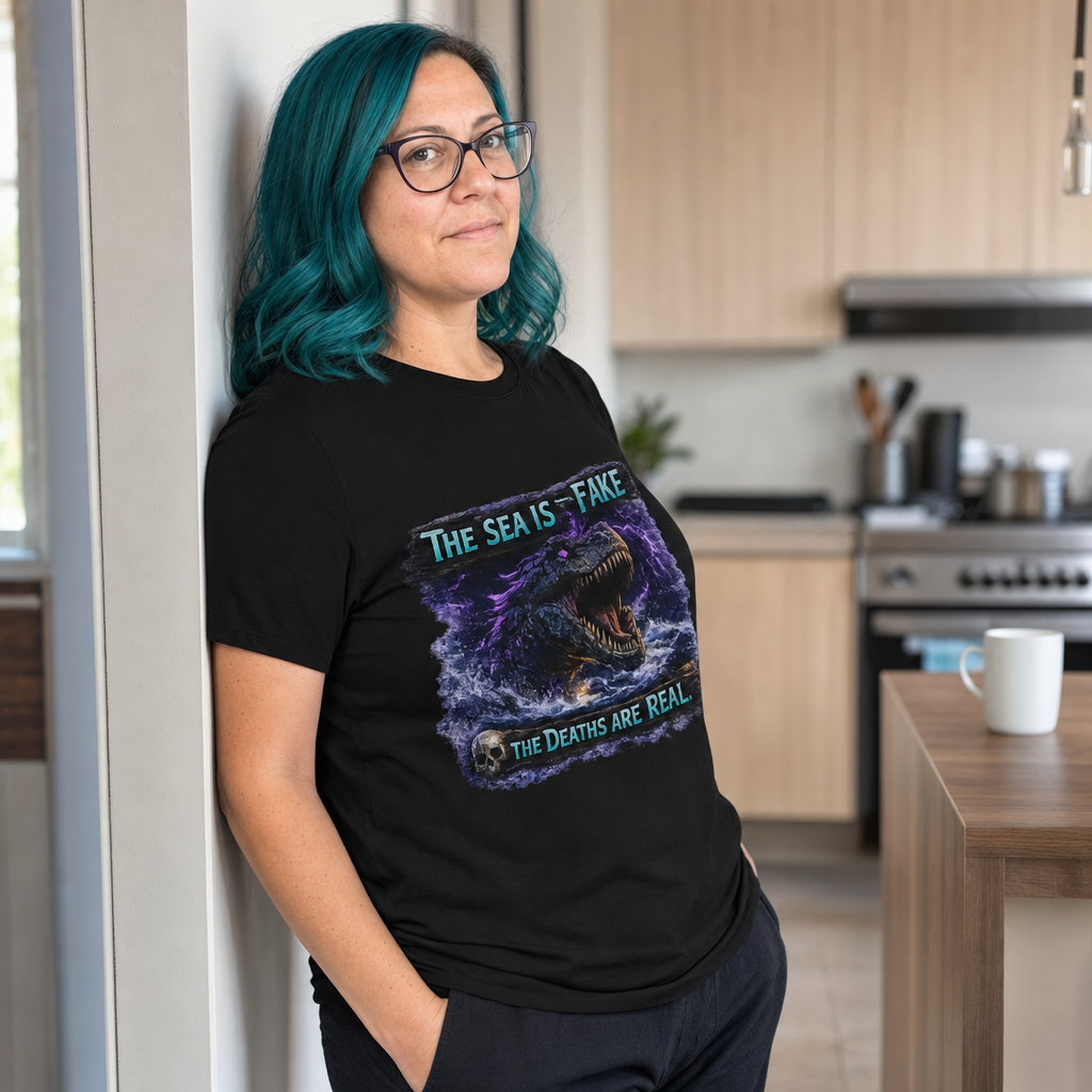 The Sea Is Fake T-Shirt — Quietly Ascended — AI-generated lifestyle photo (black__jess)