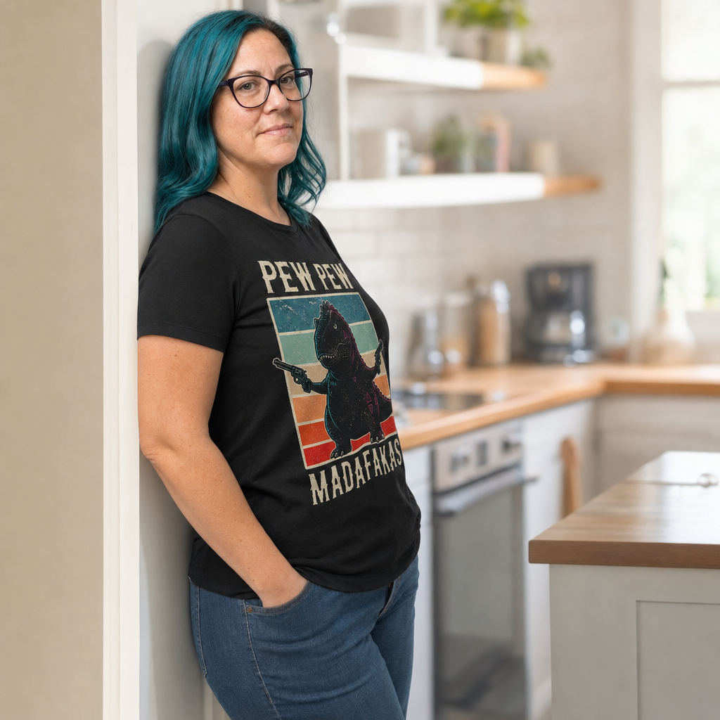 Pew Pew Madness T-Shirt — Quietly Ascended — AI-generated lifestyle photo (black__jess)
