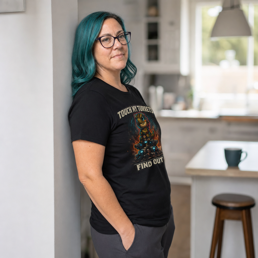 Touch My Turrets, Find Out T-Shirt — Quietly Ascended — AI-generated lifestyle photo (black__jess)