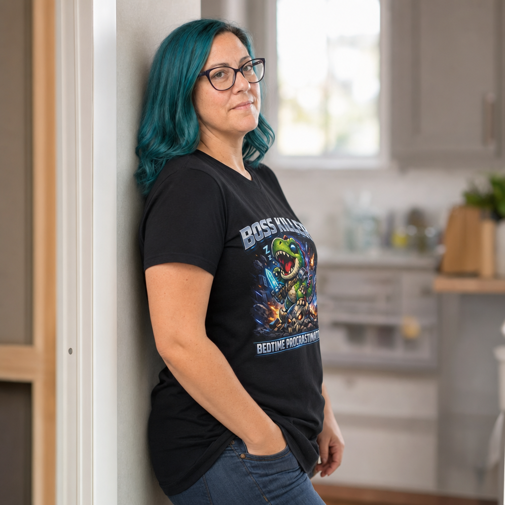 Boss Killer, Bedtime Procrastinator T-Shirt — Alt Print — Quietly Ascended — AI-generated lifestyle photo (black__jess)