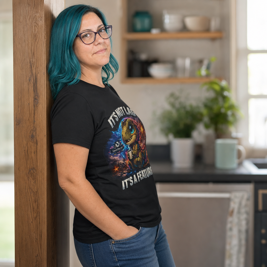 It's Not Lag, It's a Feature T-Shirt — Quietly Ascended — AI-generated lifestyle photo (black__jess)