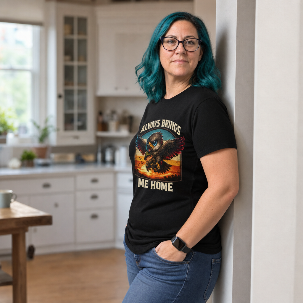 Always Brings Me Home T-Shirt — Quietly Ascended — AI-generated lifestyle photo (black__jess)