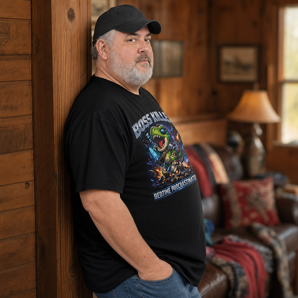 Boss Killer, Bedtime Procrastinator T-Shirt — Alt Print — Quietly Ascended — AI-generated lifestyle photo (black__mac)