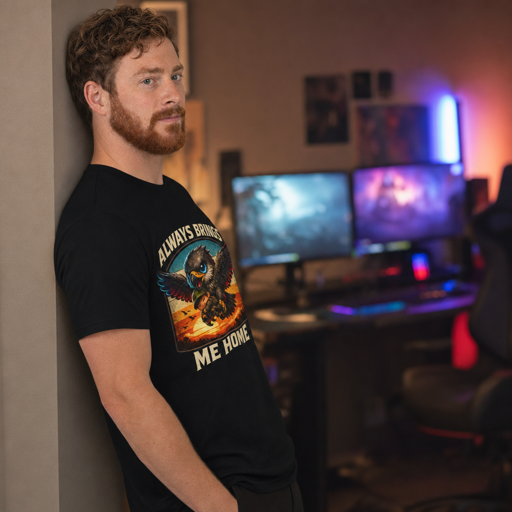 Always Brings Me Home T-Shirt — Quietly Ascended — AI-generated lifestyle photo (black__ryan)