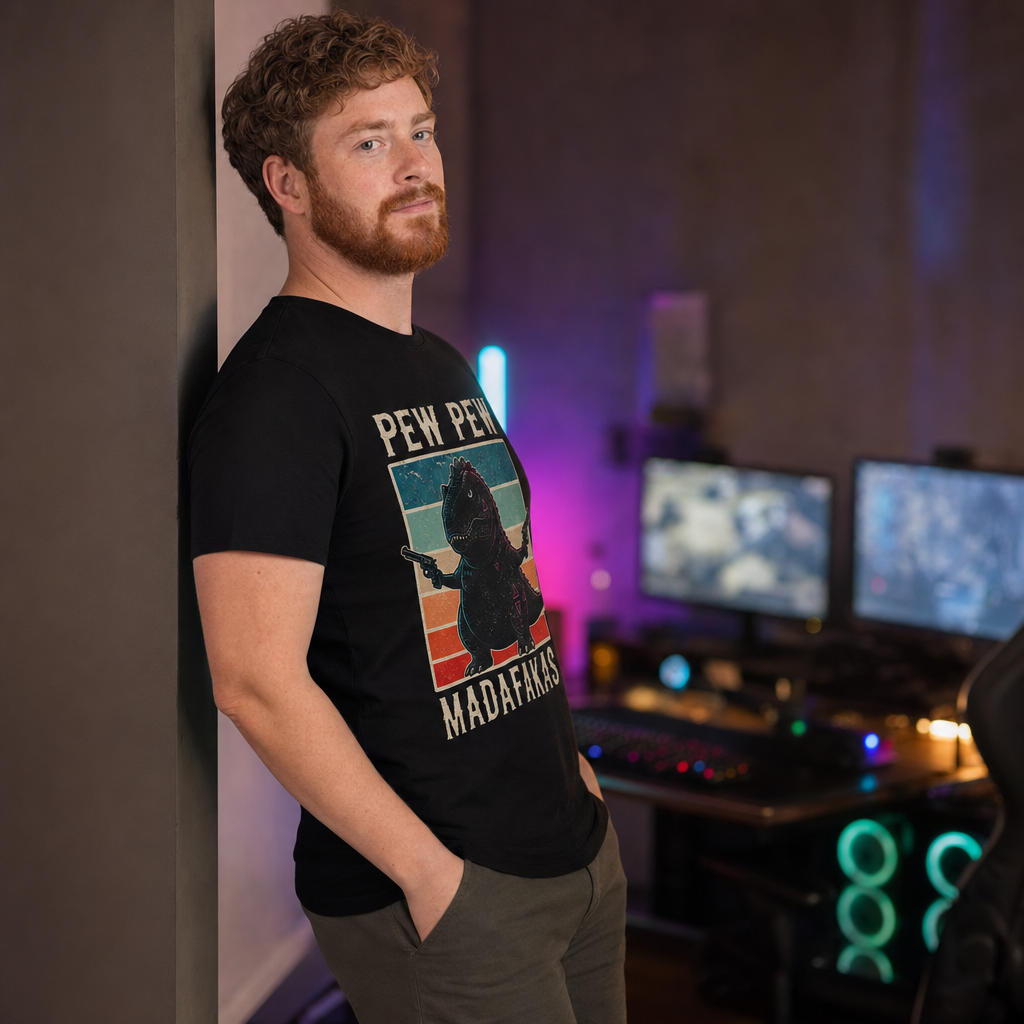 Pew Pew Madness T-Shirt — Quietly Ascended — AI-generated lifestyle photo (black__ryan)