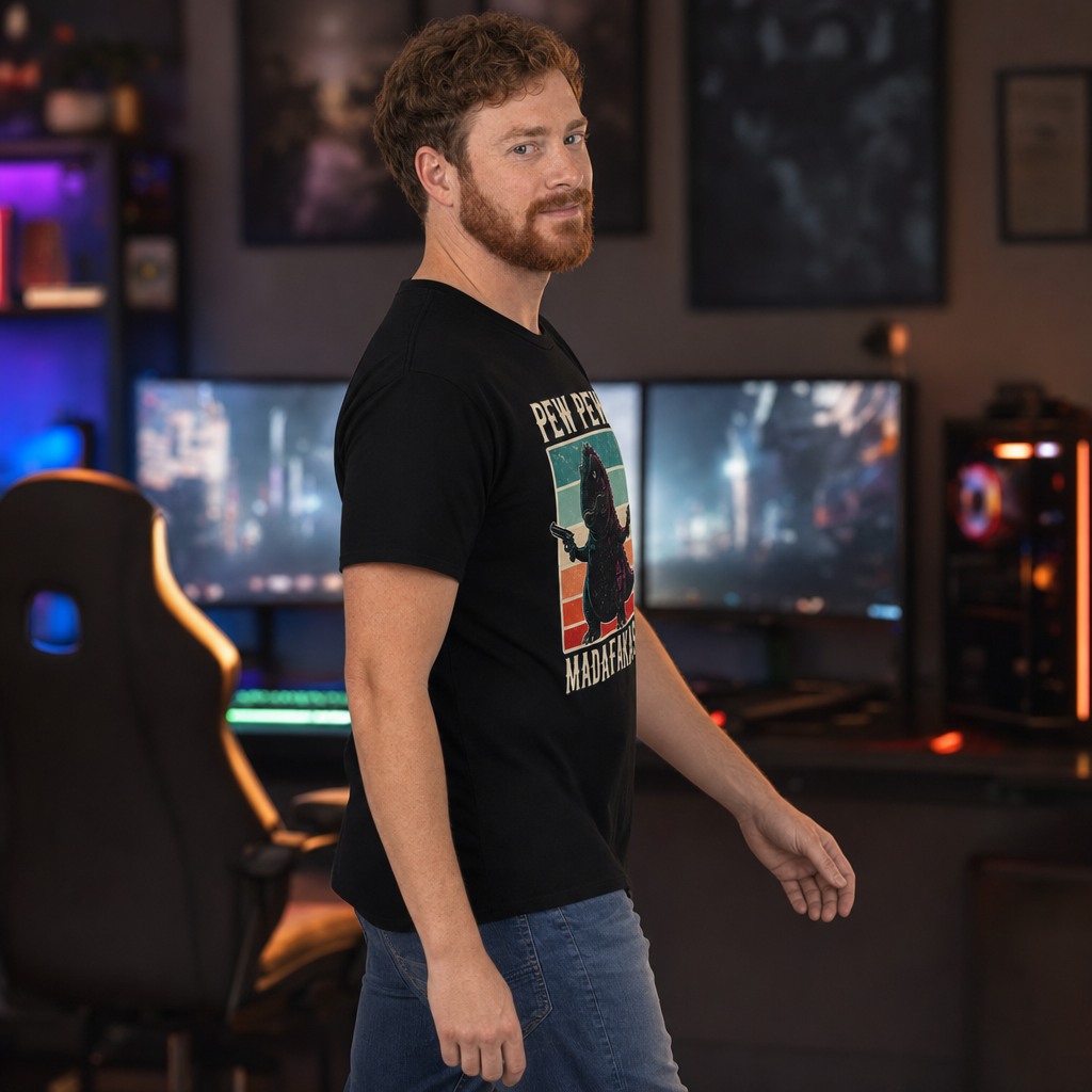 Pew Pew Madness T-Shirt — Alt Print — Quietly Ascended — AI-generated lifestyle photo (black__ryan)