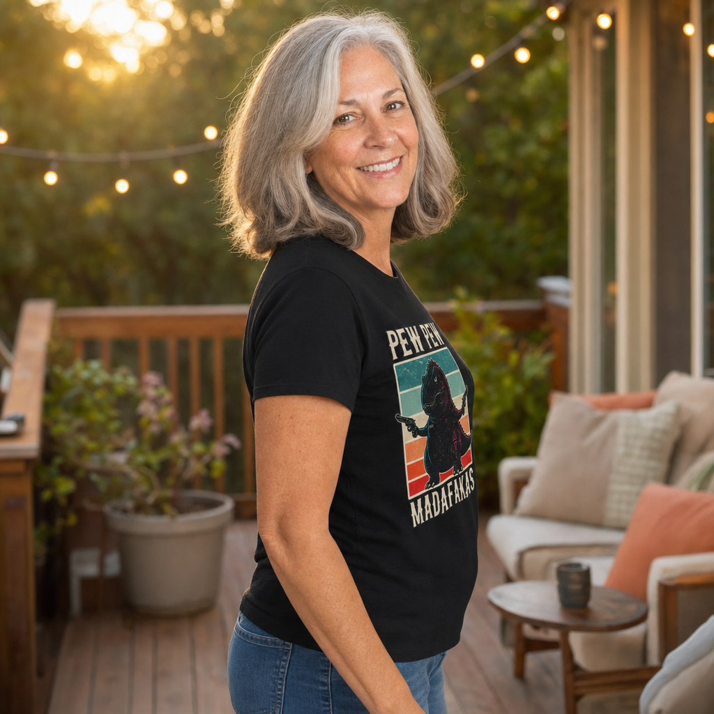 Pew Pew Madness T-Shirt — Alt Print — Quietly Ascended — AI-generated lifestyle photo (black__sam)