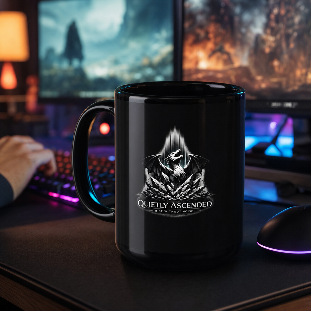 Black Glossy Server Support Ceramic Mug — Quietly Ascended — AI-generated lifestyle photo (default)
