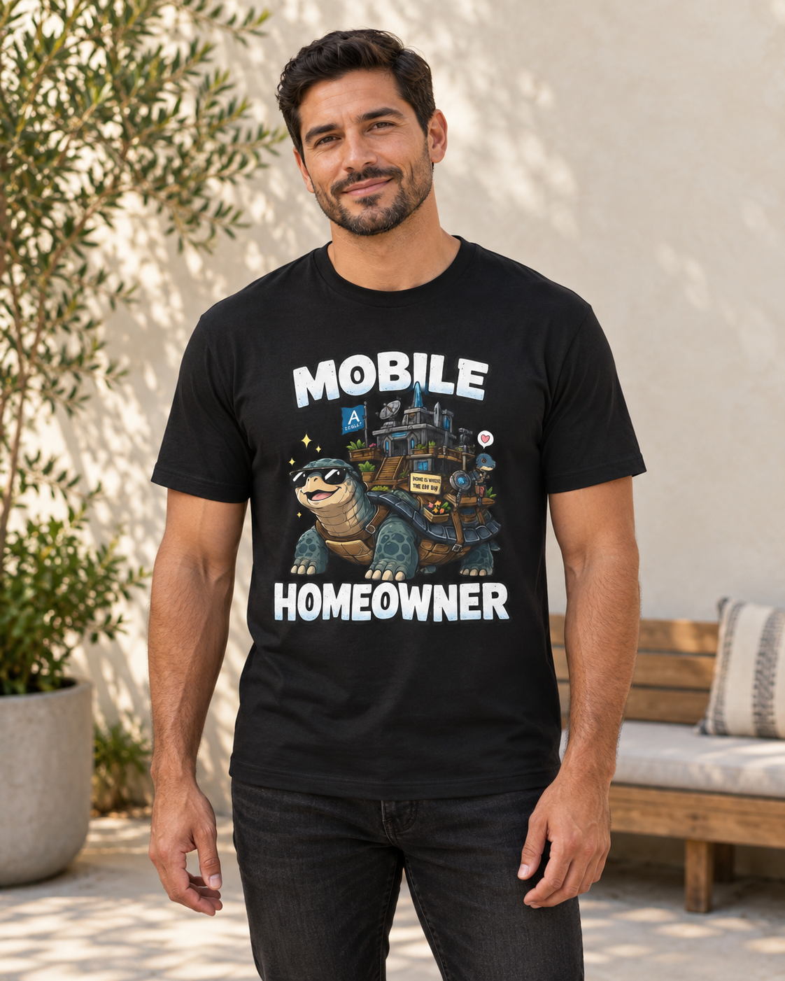 Model wearing the black Mobile Homeowner graphic tee